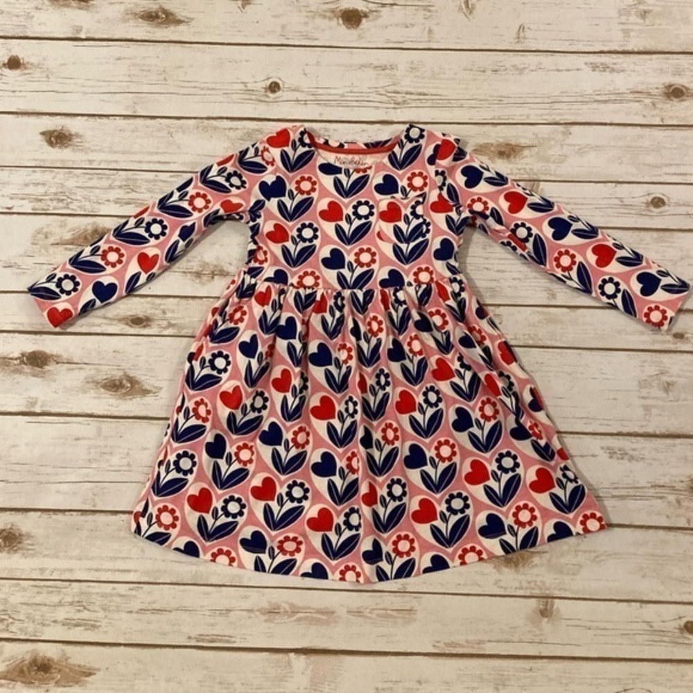 Mini Boden Pink Lemonade Red Hearts Blue Flowers Long Sleeve Jersey Dress 7/8